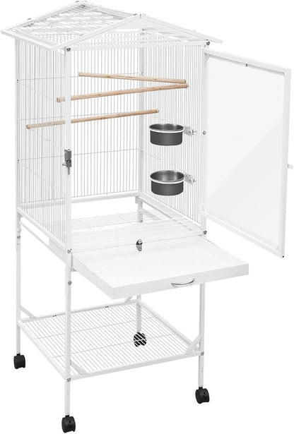 49" H Large Bird Cage with Wheels, Iron Bird Cage with Pull-Out Tray Rolling Stand Clear Acrylic Door Bird Flight Cage with Stand Bars and Feeding Bowls for Small and Medium-Sized Parrots
