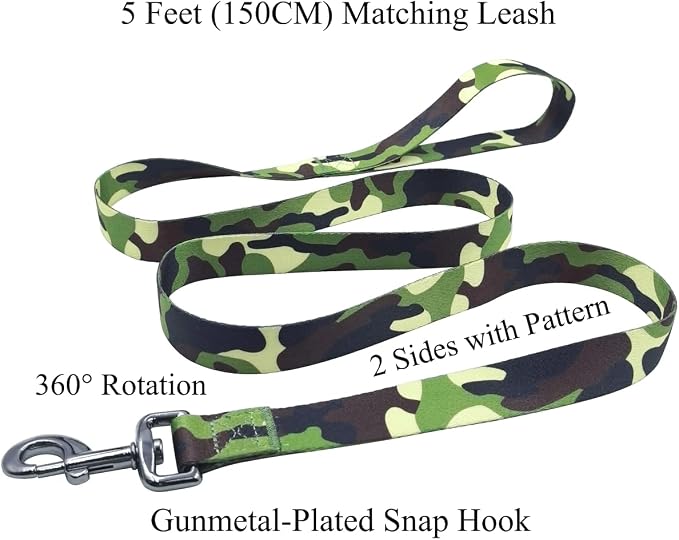 Dog Collar Leash Set, Camouflage Pattern, Polyester Material, Adjustable Collar and 5ft Matching Leash, for Large Dogs.(L, Camo)