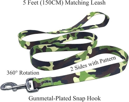 Dog Collar Leash Set, Camouflage Pattern, Polyester Material, Adjustable Collar and 5ft Matching Leash, for Large Dogs.(L, Camo)