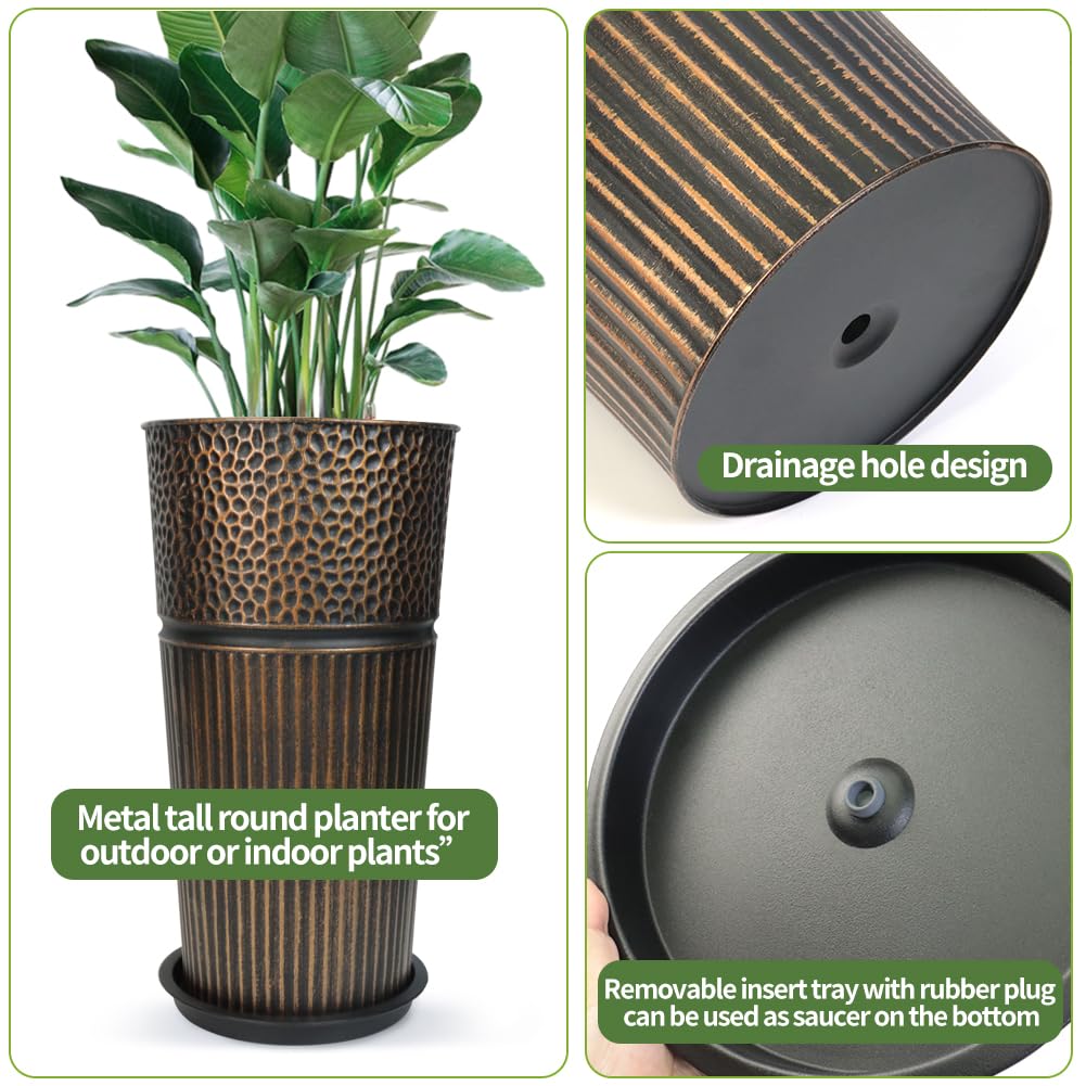 Megawodar 2 Pcs Pack 22 Inches Metal Tall Tapered Planter Pots Large Round Planter Flower Pot with Drainage Holes for Indoor Outdoor Deck Porch Garden Home Patio Front Door (Antique Copper, S)