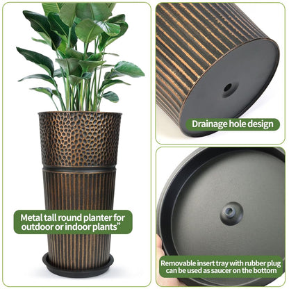 Megawodar 2 Pcs Pack 22 Inches Metal Tall Tapered Planter Pots Large Round Planter Flower Pot with Drainage Holes for Indoor Outdoor Deck Porch Garden Home Patio Front Door (Antique Copper, S)