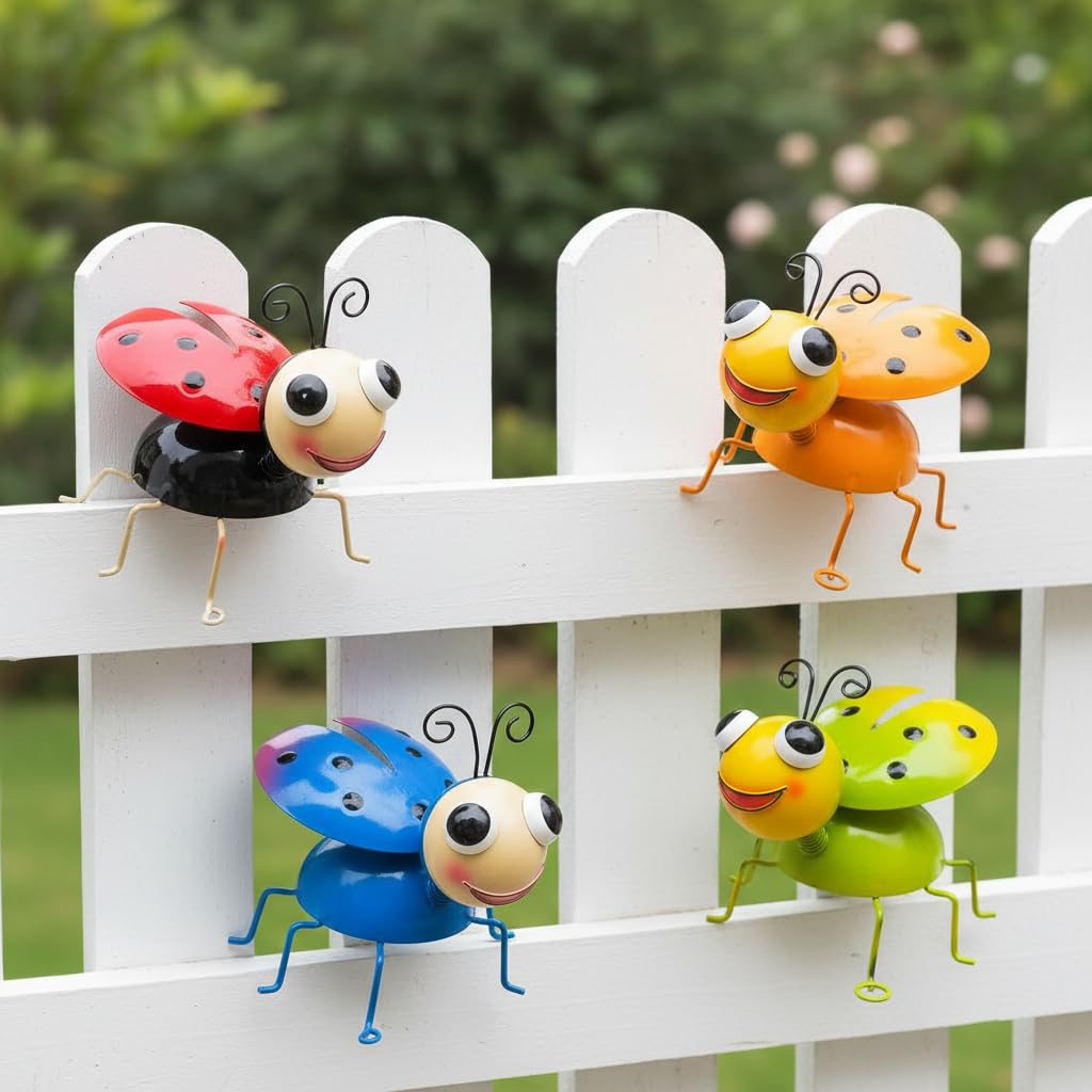 Cruis Cuka Metal Yard Art Garden Decor for Outside Cute Coloful Ladybugs Lawn Patio Ornaments Backyard Decorations Garden Gifts for Mom - Set of 4