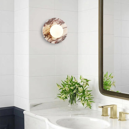 Calacatta Viola Marble Wall Sconce-Unique 7.8”Alabaster Sconce for Bedroom,Bathroom Vanity,Hallway & Yoga Room,Modern Hardwired Marble Style Stone Glass Wall Lamp for Meditation,Reading & Spa Decor