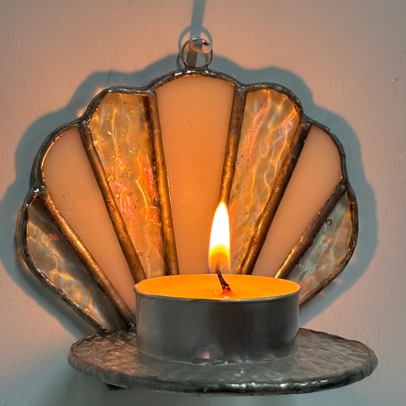 Handmade Stained Glass Seashell Candle Holder, Tiffany Style Glass Suncatcher Wall Sconce, Art Decorative Candlestick for Home Bathroom Living Room Beach House Ornament, Ideal Holiday Birthday Gift