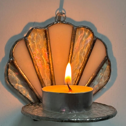 Handmade Stained Glass Seashell Candle Holder, Tiffany Style Glass Suncatcher Wall Sconce, Art Decorative Candlestick for Home Bathroom Living Room Beach House Ornament, Ideal Holiday Birthday Gift