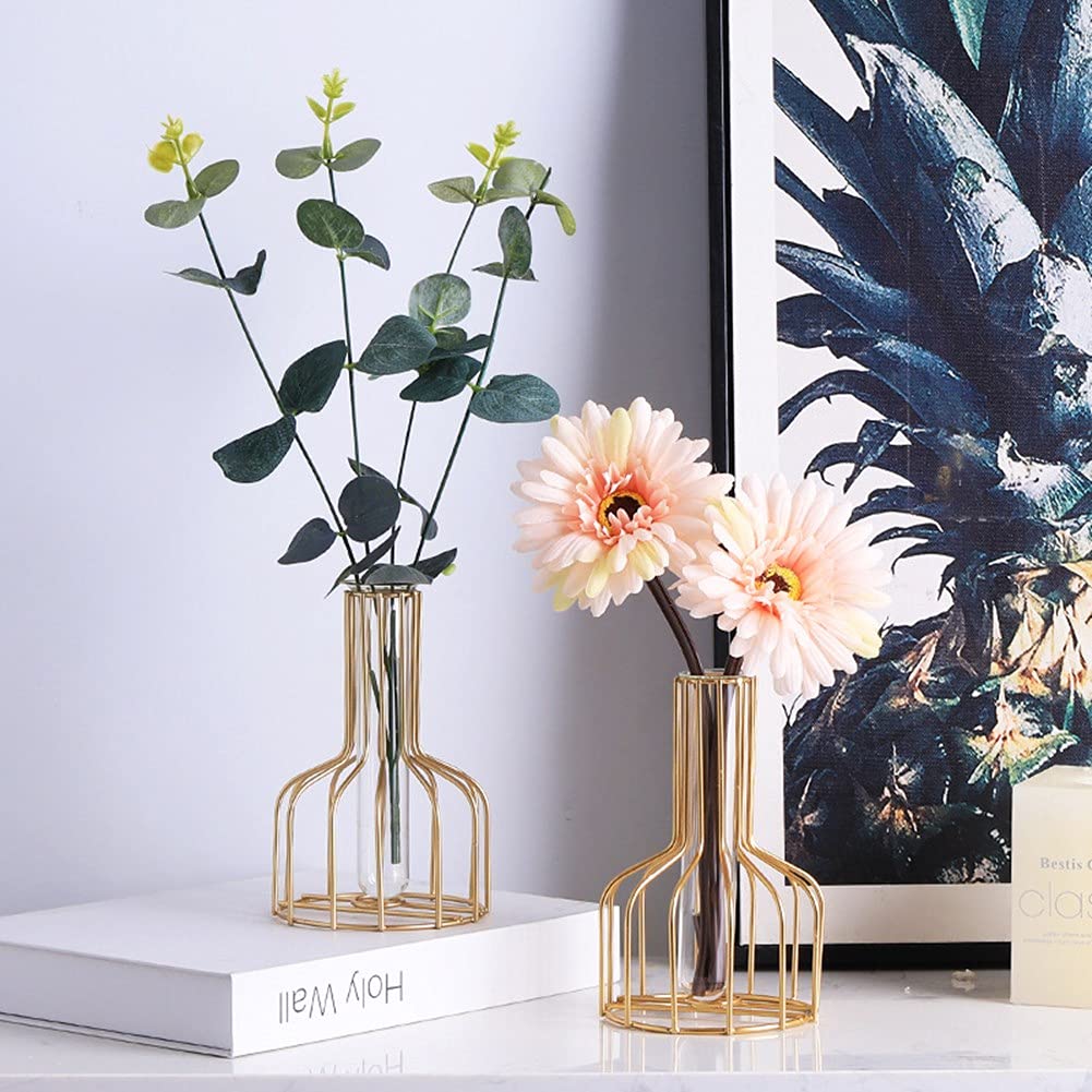 Ivymei 2 Pack Table Flower Vase,Gold Geometric Metal Frame Clear Glass Tube Bud Vase Hydroponic Plants,Gold Vase Decorative for Flower,Weddings,Centerpiece,Party,Home(Gold 8)