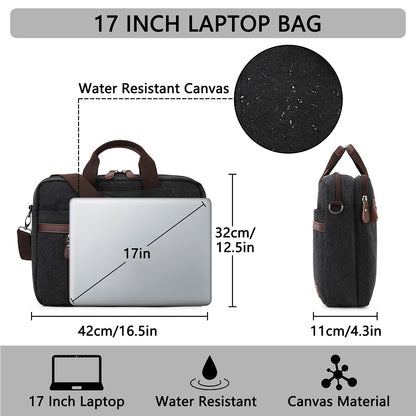 RAVUO Laptop Bag for Men, Water Resistant 17.3 Inch Laptop Messenger Bag Slim Canvas Briefcase for Work Business Black