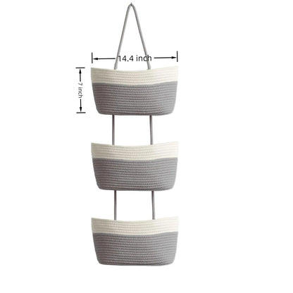 Wycoroy 3-Tier Woven Cotton Rope Hanging Basket, Over the Door Organizer, Adjustable Detachable Wall Basket with Metal & Adhesive Hooks, No Drilling for Farmhouse, Boho Home and Wall Decor