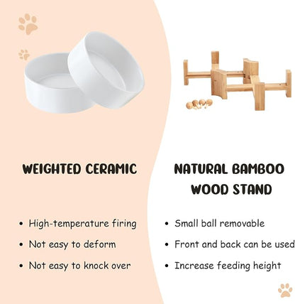 SPUNKYJUNKY 15° Slanted Ceramic Dog and Cat Bowl with Wooden Stand, Tilted Bulldog Food and Water Bowl No Slip Non-Spill for Cats Medium Dogs Big Face Pets 28.7 OZ (3.6 Cups, White × 2)