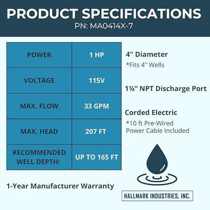 Hallmark Industries Well Pump, Deep Well Submersible Pump, 1HP, 110V 60HZ, 33 Gpm, Stainless Steel, 3.8"