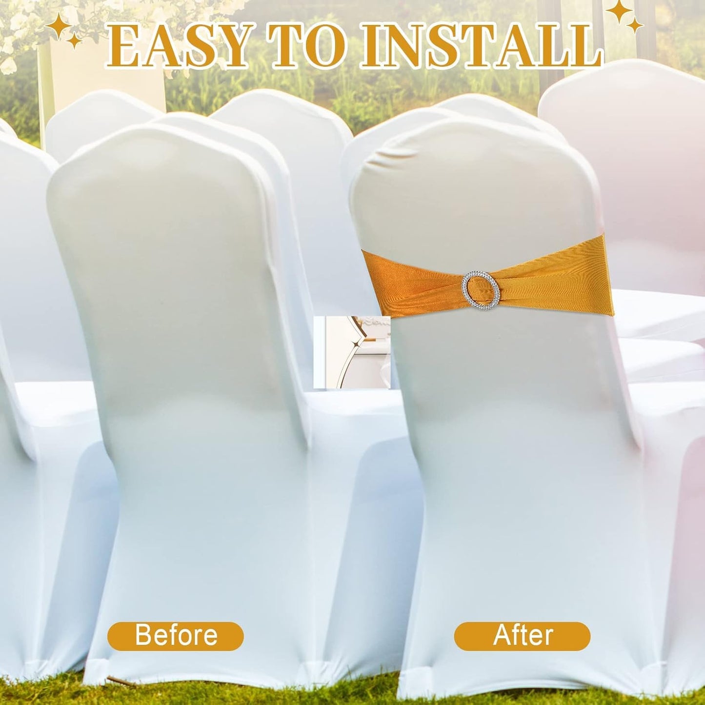 Hosuly 25 Pcs Gold Chair Sashes Bow with 10 Pcs Satin Table Runner Spandex Chair Sashes with Buckle Slider Satin Silk Runner for Wedding Ceremony Banquet Hotel Party Rectangle Round Table Decor