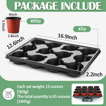 RooTrimmer 4 inch Round Nursery Pots 60pcs, 12 Cell Nursery Pots Trays 5 Pcs, Sturdy Seeds Starting Germination Shuttle Carrying Trays, Small Planter Nursery Propagation 5 Sets