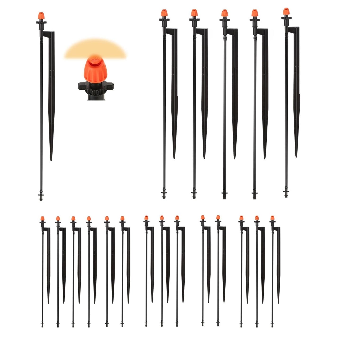 180 Degree Micro Drip Spray Emitters: 20 Set Drip Irrigation Sprinkler Heads on 12 Inch Stakes with 1/4" Tubing, Half Circle Pattern Drip Emitters for Garden Irrigation System