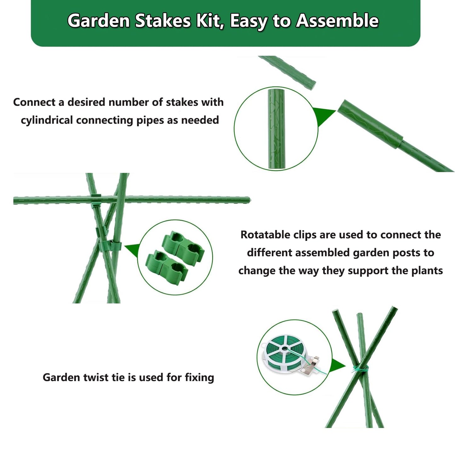 Garden Stakes Kit, 40 Sets 16 inch 0.43" in Diameter Steel Plant Stick Support (with Accessories Total 91 pcs), DIY 3ft 4ft 5ft 6ft 7ft Sturdy Tomato Stakes for Indoor & Outdoor Gardening Supplies
