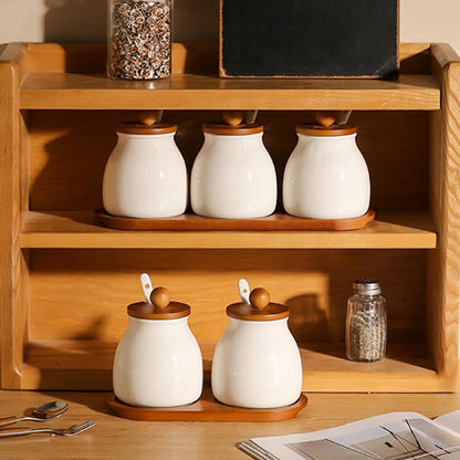 ANQIA Porcelain Condiment Jar Set Spice Jars with Wooden Lids and Tray Ceramic Spice Container with Spoons for Sugar, Salt,Tea, Spices, Coffee (Set of 2)