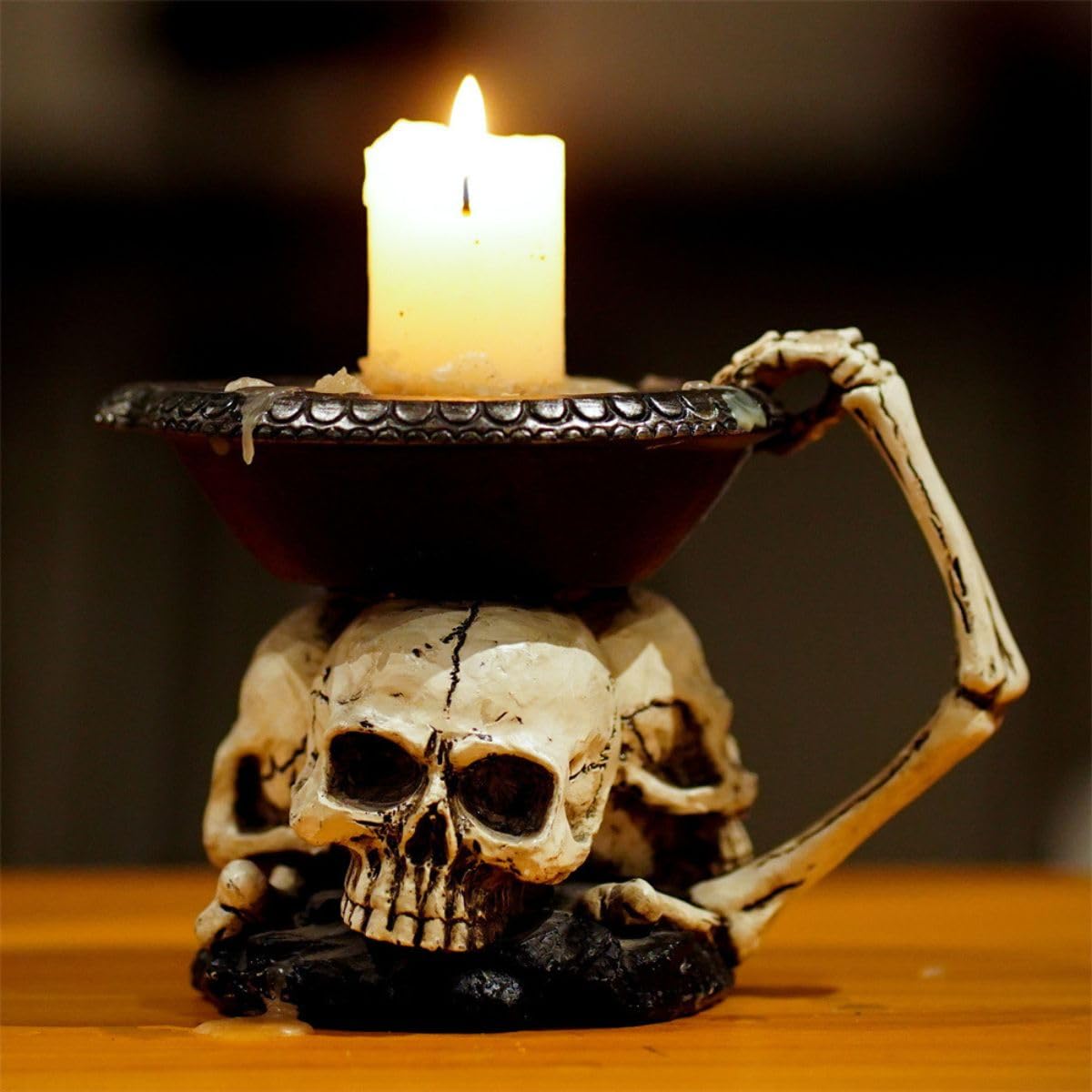 Halloween Skull Candle Holder, Skeleton Creepy Candelabra for Candlesticks Spooky Gothic Candlestick Holders Single Wick Candle Pedestal Retro Human Skull Head Tea Light Holders Skull Votive Holder
