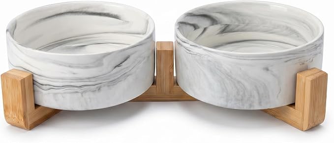 Ceramic Dog Bowls with Non-Slip Bamboo Stand - Dog Food and Water Bowl Set Ideal for Cats and Small Dogs - Double 5.1" Pet Dishes, Each Feeder Holds 1.4 Cups / 10.8 fl oz - Black Marble