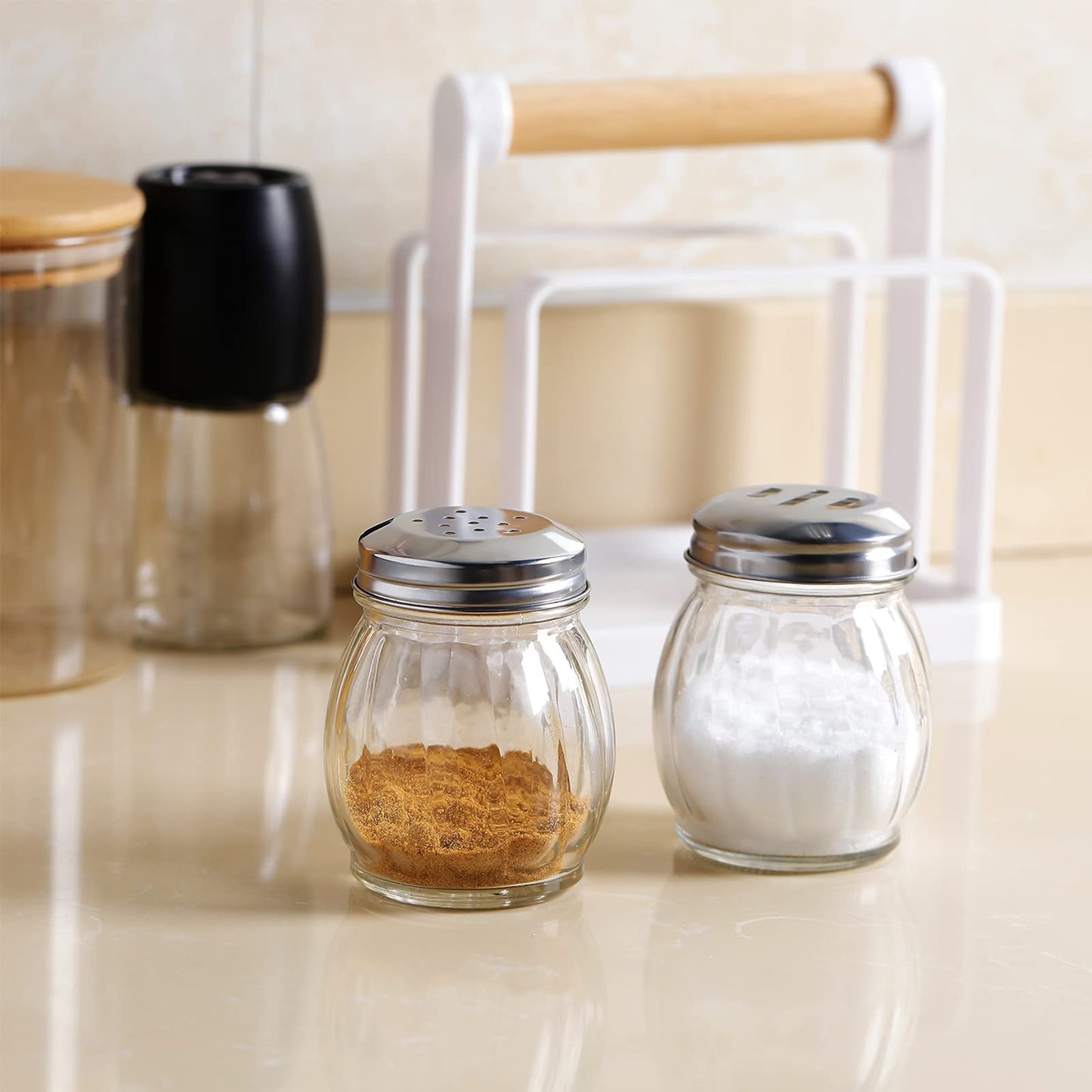 Skyley 12 Pieces Glass Spices Shaker with Perforated 6 Ounce Swirl Glass Cheese Shaker and Slotted Top Lid Red Pepper Retro Swirl Style Dispensers for Home Kitchen Restaurant Supplies