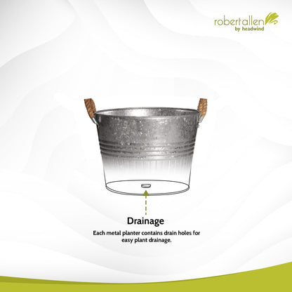 Headwind Decorative Planter - Round Galvanized Bucket w/Rope Handles – 10 Inch Metal Tub Bucket Planter for Outdoor Plants w/Drainage Hole – Galvanized Large Outdoor Planters Buckets by Robert Allen