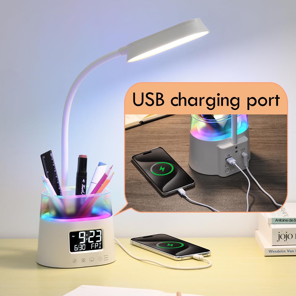 WILIT LED Desk Lamps for Home Office with Pen Holder, Table Lamp for Bedroom with USB Charging Port & Clock, RGB Night Light, Study Lamp for Kids Girls, Desk Light for College Dorm Room Essentials