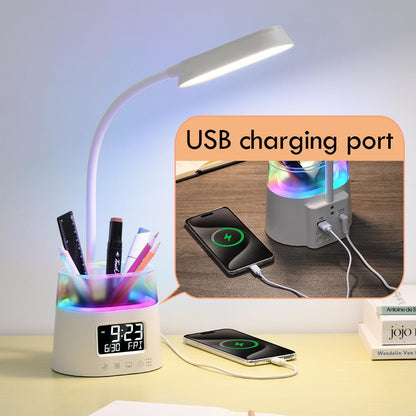 WILIT LED Desk Lamps for Home Office with Pen Holder, Table Lamp for Bedroom with USB Charging Port & Clock, RGB Night Light, Study Lamp for Kids Girls, Desk Light for College Dorm Room Essentials