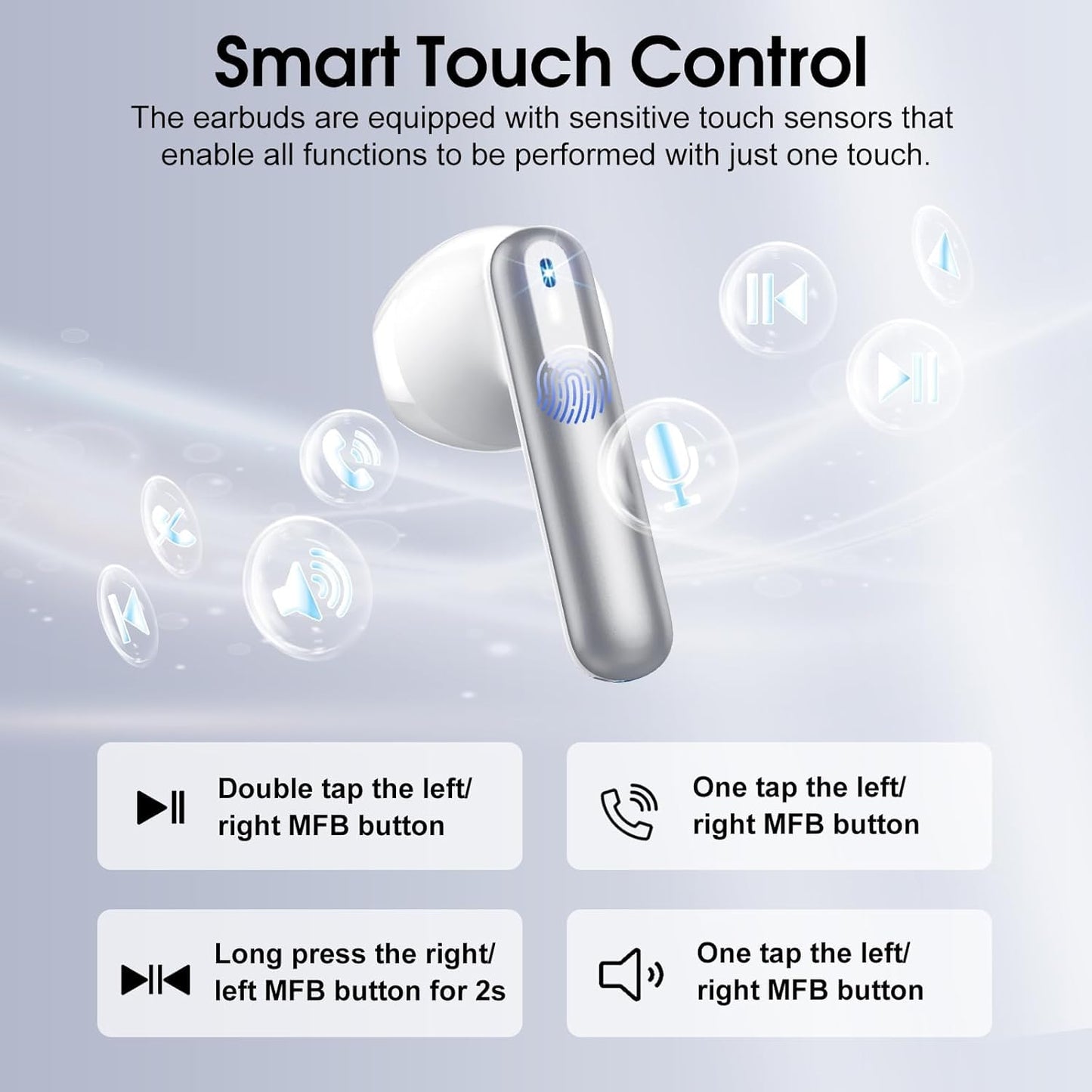 Wireless Earbuds, Bluetooth 5.4 Headphones with 3D Bass Stereo, Bluetooth Earbuds with 4 ENC Noise Cancelling Mic, 40H Ultralight In-Ear Buds USB-C, IP7 Waterproof Earphones for Android iOS, Silver