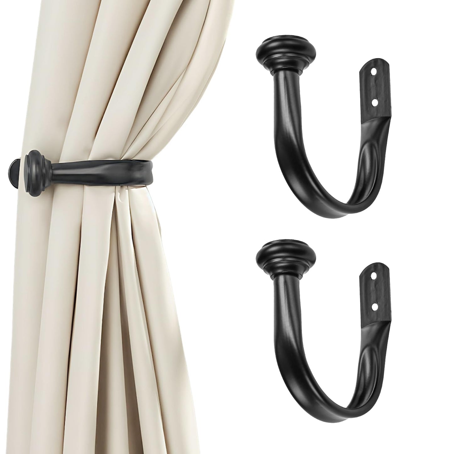 Primero Basics Black Curtain Tiebacks - Wall-Mounted Curtain Holdbacks, Elegant Curtain Hooks for Drapes, Curtain Holders for Wall, Tie Backs for Curtains, Modern Curtain Hooks,2 Pack