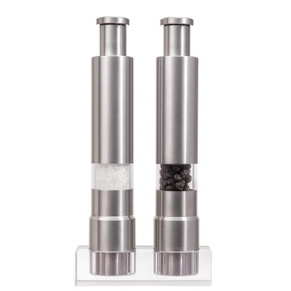 Salt and Pepper Grinder Set, Pump & Grind Peppermill, 2 Refillable Stainless Steel Mills with Thumb Press, One-Handed Salt and Pepper Grinder with Clear Acrylic Stand for Kitchen and Dining