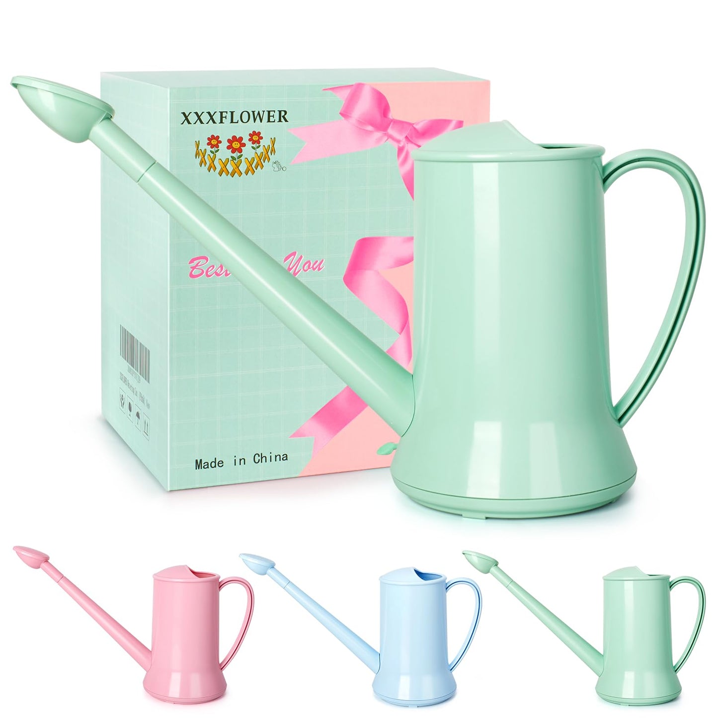 XXXFLOWER 1/2 Gallon Small Indoor Plant Watering Can, 2L Long Spout Removable Nozzle Flower Watering Pot for Office House Indoor Garden（Green, 67 oz）