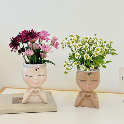 Face Planter, Head Planter, Resin Head Planters for Indoor Plants, Cute Flower Pots with Drainage, Girl Heads Flower Pots, Decorative Makeup Brush Holder Gardening Gifts for Women Mom (Coffee)
