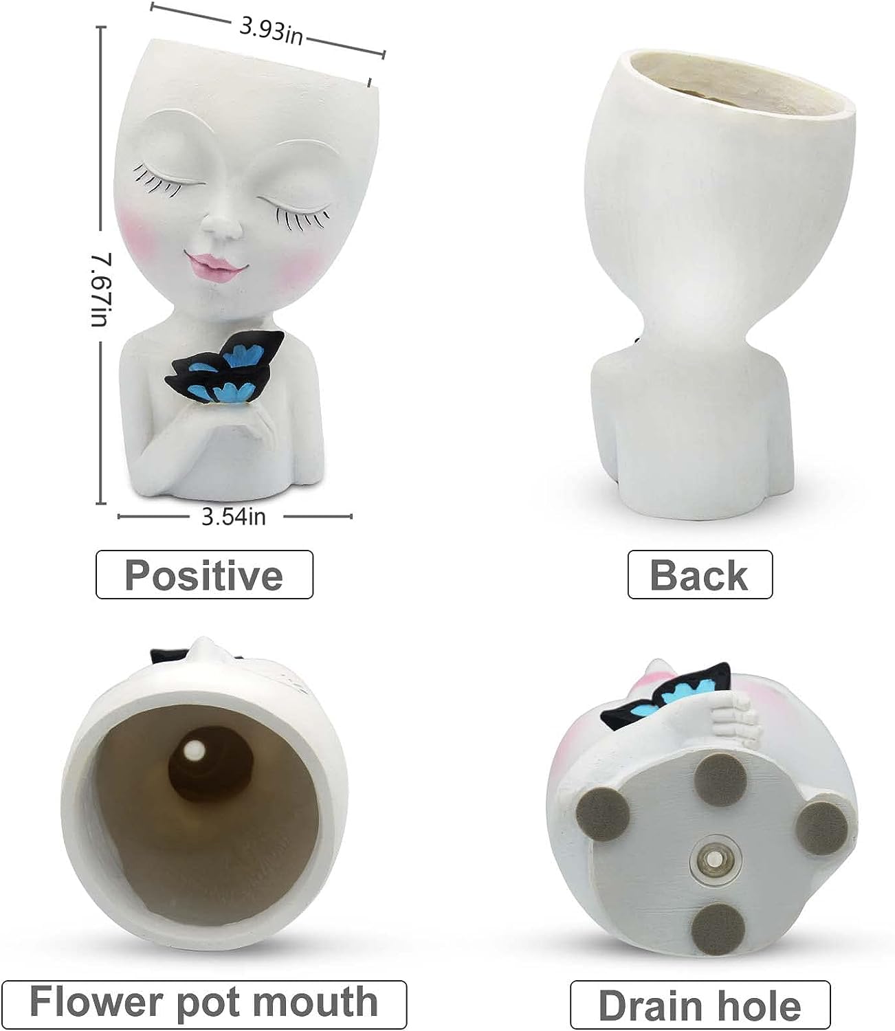 WEWEOW Face Planter/Flower Pot for Indoor Outdoor Plants Resin Succulent Planter with Drainage Hole Cute Lady Face Plant Pots