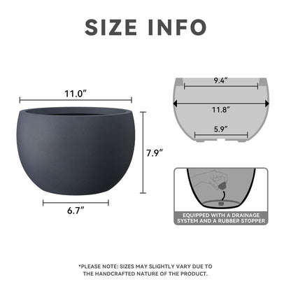 Kante 11.8" Dia Round Concrete Planter, Outdoor/Indoor Large Bowl Plant Pots with Drainage Hole and Rubber Plug for Garden Patio Balcony Home, Charcoal