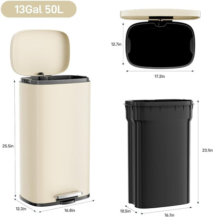 Arlopu 8/13.2 Gallon Step Trash Can, Stainless Steel Garbage Bin, Soft-Close Rubbish Bin with Removable Plastic Inner Bucket, Fingerprint-Proof, Lid Dustbin, Suit for Kitchen (Beige, 50L)