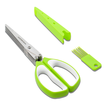 5 Blades Herb Scissors - Professional Kitchen Shears with Safety Cover for Cutting Green Onions, Fresh Herbs, Vegetables & Salad Food Prep, Must-Have Cooking Gadgets (Green, White, 8.7 inch)