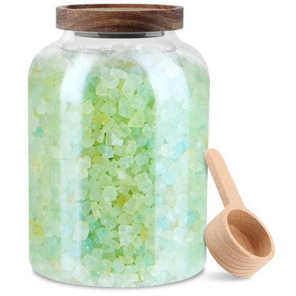 Meluvora Bath Salts Glass Jar, Bath Salt Container with Wooden Lid and Scoop, Glass Food Storage Jars for Home Decor,Tea,Spice,Cereal, Egg,Flour,Coffee(73 oz,Clear)