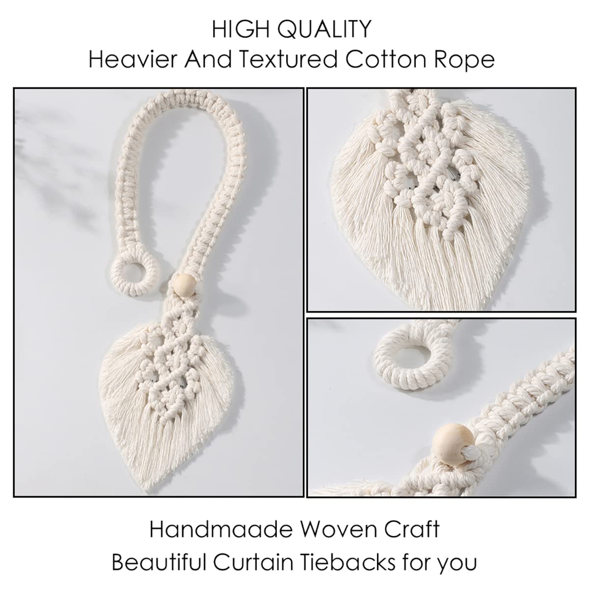 2Pack Curtain Tiebacks Handmade Holdbacks - Farmhouse Curtain Tie Back Holder by Hand-Woven Cotton Rope, Bohemian Home Decor Drapery Holdback