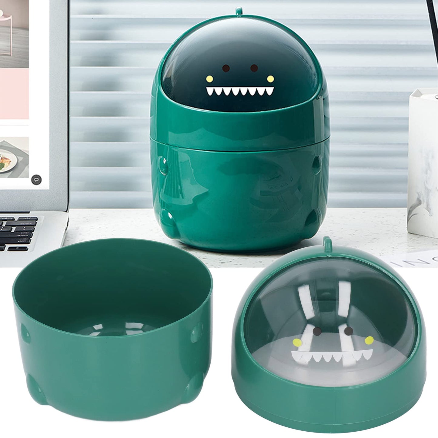 Zunate Mini Desktop Trash Can, Cute Baby Dinosaur Removable Small Garbage Can, Tiny Plastic Trash Bin with Lid/Nonslip Bottom, for Bathroom/Office/Kitchen/Desk/Coffee (Green Baby Dinosaur)