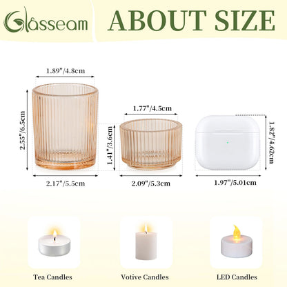 Glasseam Gold Votive Candle Holders: 8 Pcs Ribbed Glass Tealight Candle Holder Set Tea Light Holders Wedding Decorations for Reception Modern Home Decor Centerpiece Gifts