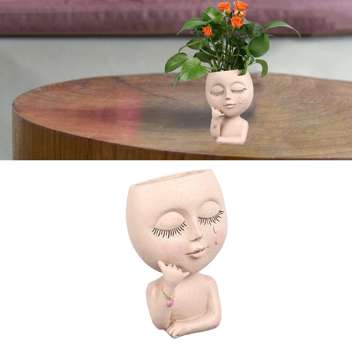 HaloVerde Artistic Face Flower Pot with Drainage System for Indoor and Cacti, a 16cm Resin Head Planter Pot Allowing for DIY Customization for Home Decor
