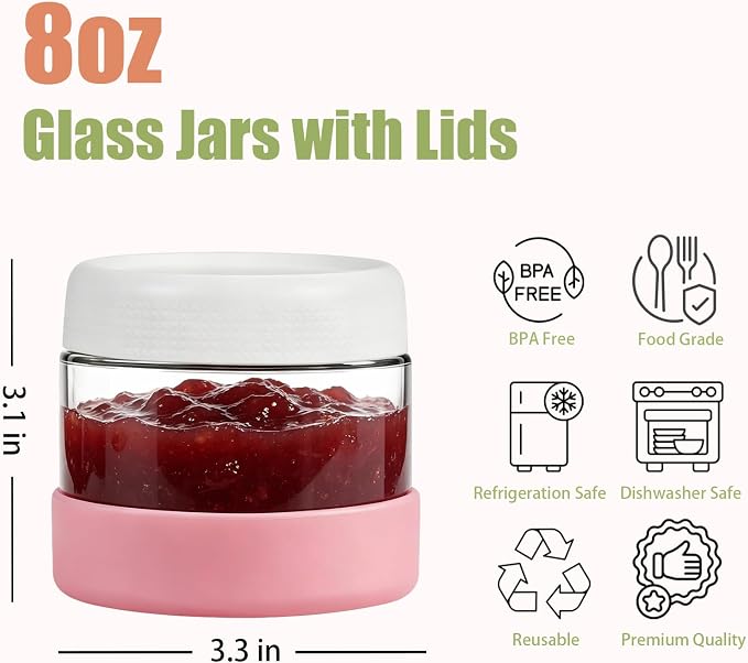JohnBee 6-Pack 8 oz Glass Overnight Oats Containers with Airtight Lids and Silicone Sleeves - Wide Mouth Jars for Salad, Yogurt, pickles, Snacks, Spice & Sugar - Leakproof Glass Food Storage Jars