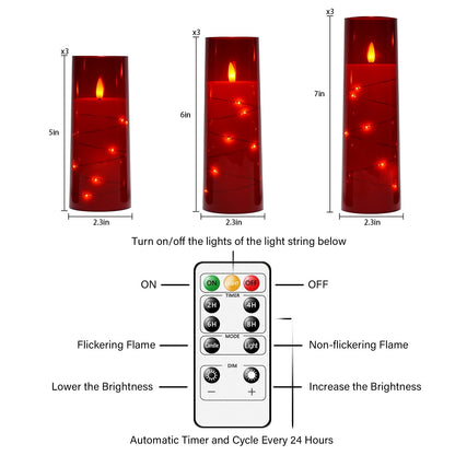 Nimiko Flickering Flameless LED Candles,Battery Operated Candles 9 Pcs with Embedded Star String,Acrylic LED Pillar Candles with Remote,Suitable for Home Decoration to Create an Atmosphere（Red）