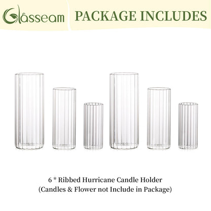 Glasseam Ribbed Glass Candle Holder, Cylinder Candle Holders for Pillar Candles, Clear Hurricane Candle Holder Set of 6, Decorative Floating Candle Vases for Centerpieces Wedding Table Decorations