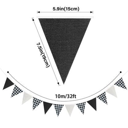 G2PLUS Black and White Gingham Fabric Bunting Banner, 32Ft Cotton Burlap Triangle Garland for Soccer Party, Game Day, Racing Car Party, Birthday, Graduation & Outdoor Decorations