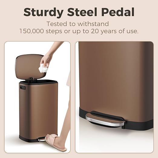 ELPHECO LPHECO Kitchen Trash Can with Lid Soft Close, 13 Gallon / 50L Stainless Steel Pedal Garbage Can, Heavy-Duty Step Wastebasket with 20 Bags, Removable Bucket, Home Office, Kitchen, Brown