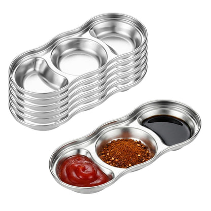 Zynexa 6 Pcs Soy Sauce Dish Stainless Steel 3 Compartment Korean Sauce Plate Condiment Tray Banchan Dishes for BBQ Vinegar Spice Salt Sugar Home Restaurant (Silver (Type 2))