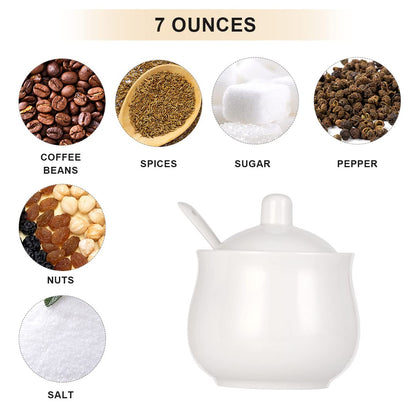 CHILDIKE Ceramic Sugar Bowl with Lid and Spoon, Ceramics Creamer with Handle, White 8 Ounces