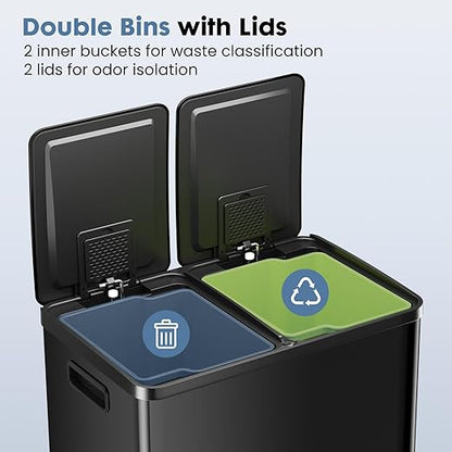 DUMOS Kitchen Double Trash Can, 2x8-Gallon Dual Trash Can with Lid, Stainless Steel Garbage Bin with 2 Removable Inner Buckets, Soft-Close Foot Pedal for Kitchen, Home, Office, Glossy Black