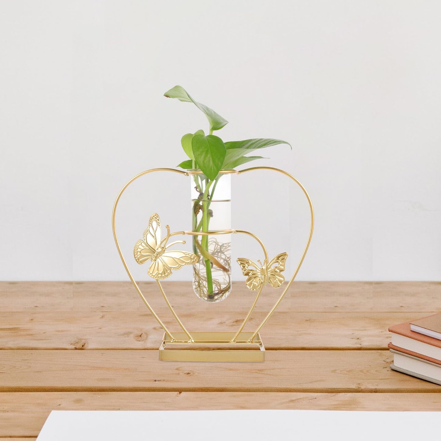 VOSAREA Hydroponic Glass Vase with Metal Butterfly Frame Decorative Hollow Flower Holder Plant Terrarium Home Table Centerpiece for Living Room and Office Decor