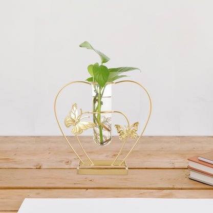 VOSAREA Hydroponic Glass Vase with Metal Butterfly Frame Decorative Hollow Flower Holder Plant Terrarium Home Table Centerpiece for Living Room and Office Decor