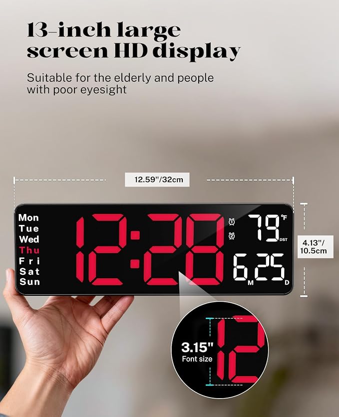 Digital Wall Clock for Classroom, 13" Digital Clock Large Display | Big Led Wall Clocks with Remote Control,Date,Week,Alarm,Temp &DST for Bedroom,Living Room,Gym,Office